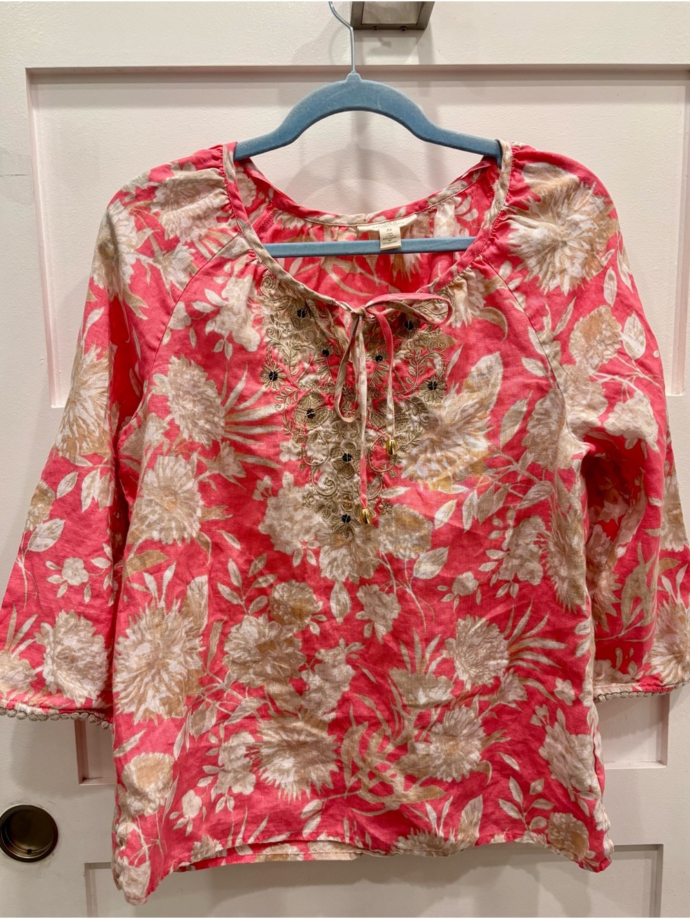 Charter Club Coral Floral Tie-Neck Embroidered Linen Peasant Tunic